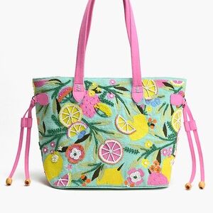 Floral Embroidered Tote Bag - Pink and Green